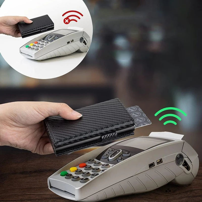 RFID Blocking Automatic Pop-Up Card Holder with Coin Compartments, Carbon Fiber & Aluminum Men's Bifold Wallet, Slim Money Purse