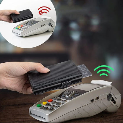 RFID Blocking Automatic Pop-Up Card Holder with Coin Compartments, Carbon Fiber & Aluminum Men's Bifold Wallet, Slim Money Purse