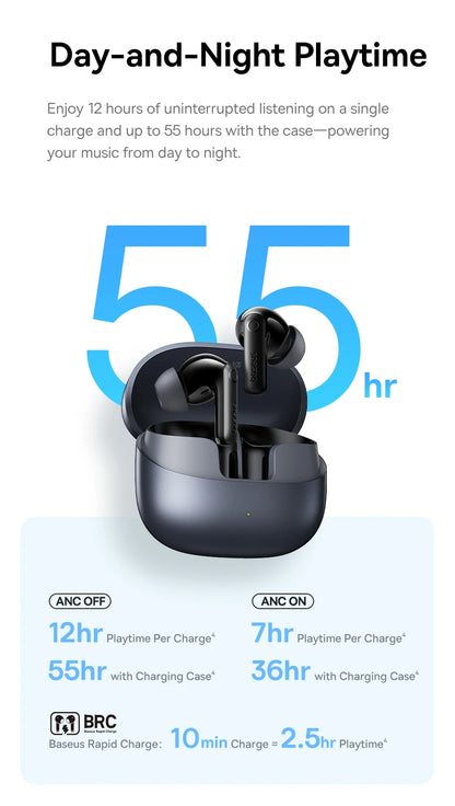 Baseus Bass BP1 Pro -50dB Noise Cancelling Wireless Earbuds Bluetooth 6.0 LDAC Hi-Res Sound 6-Mic AI Clear Calls IP55 Earphones