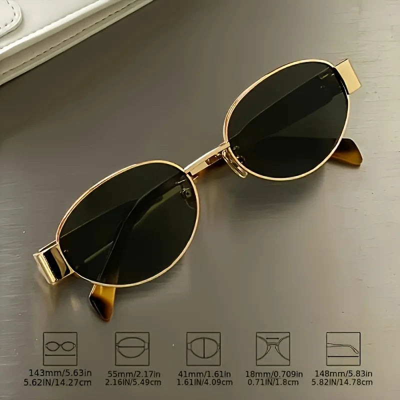 Oval-Shaped Women'S/Men's Sunglasses, Fashionable Metal Frame Sunglasses, Classic Style, Uv Protection Feature, Casual Street Style