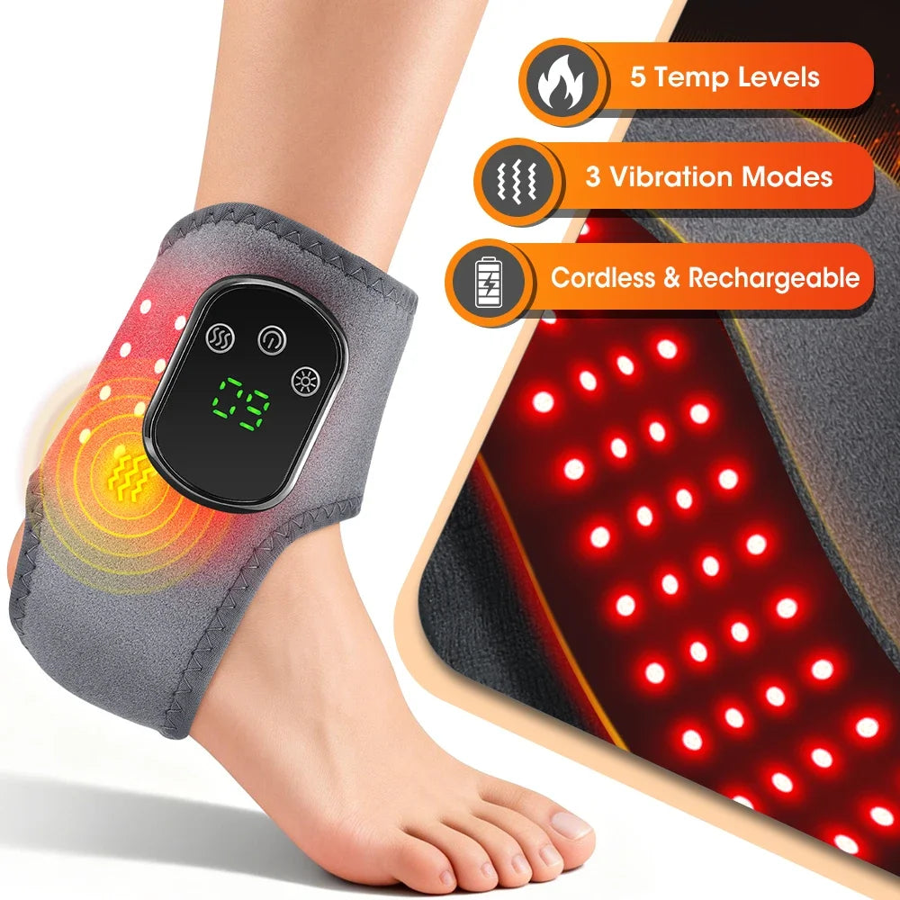 Red Light Ankle Brace 5 Heat Levels 3 Vibration Modes 40 LEDs Infrared Warmth Wrap 1800mAh Rechargeable Ankle Recovery Care