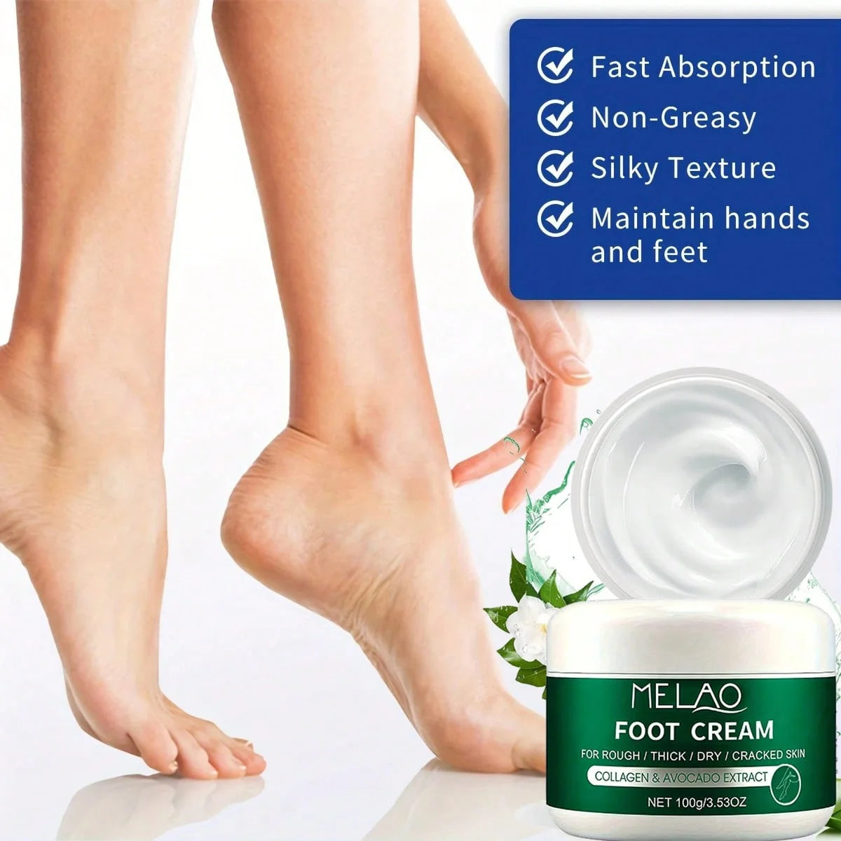 MELAO Collagen Foot Cream for Cracked Heels & Dead Skin -  Avocado Extract Formula Repairs Dry Feet, Softens Rough Skin