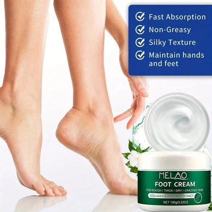 MELAO Collagen Foot Cream for Cracked Heels & Dead Skin -  Avocado Extract Formula Repairs Dry Feet, Softens Rough Skin