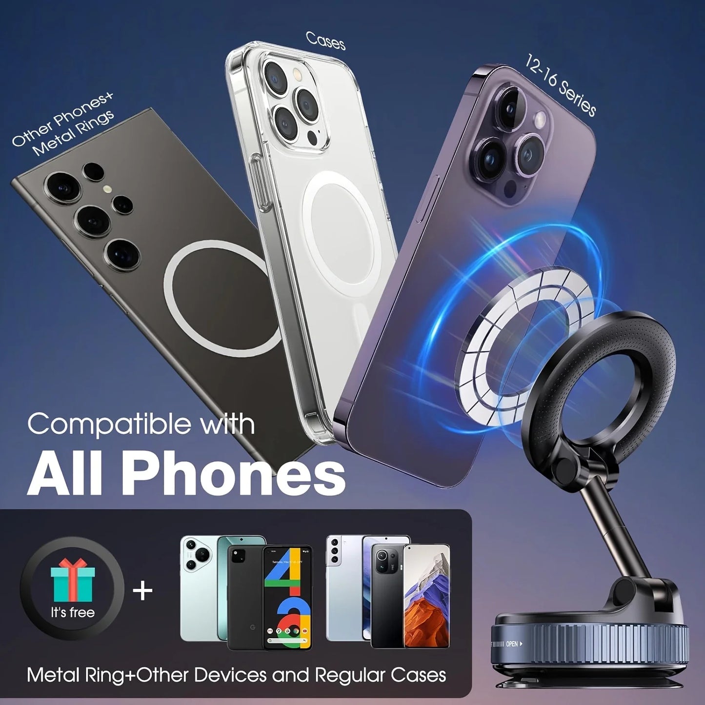 Upgraded Aluminum Alloy Nano Gel Vacuum Magnetic Phone Holder – 360° Rotating, 110LBS Strong Suction for Car, Kitchen & Smooth
