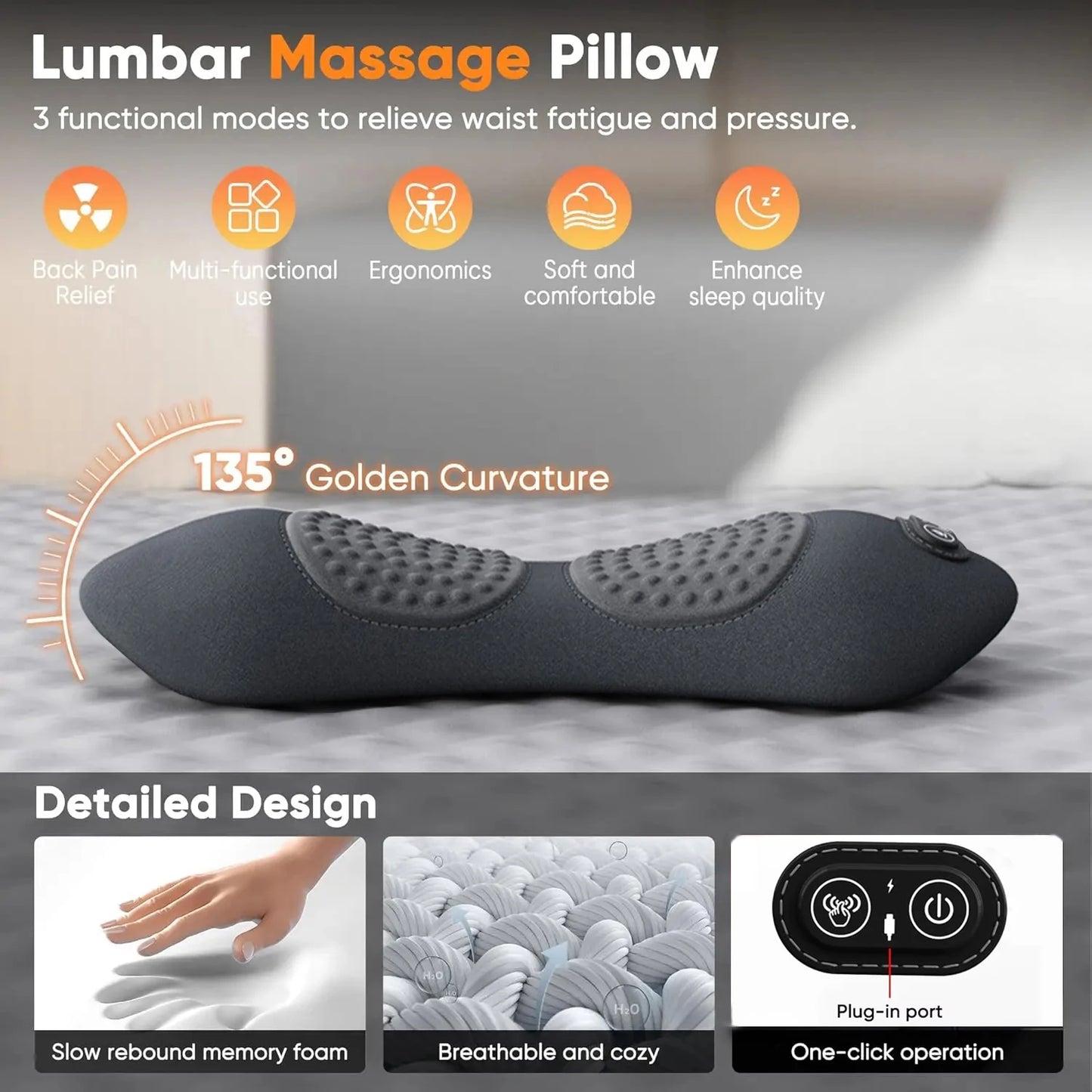 Heating Vibration Massage Pillow Electric Lumbar Support Pad Bed Sleeping Waist Protection Cushion Lying Flat Waist Pain Relief