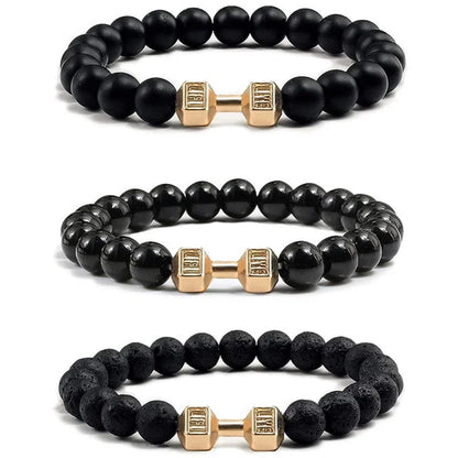 Natural Black Volcanic Lava Stone Dumbbell Bracelet Black Matte Beads Bracelets For Women Men Fitness Barbell Jewelry Pulseras