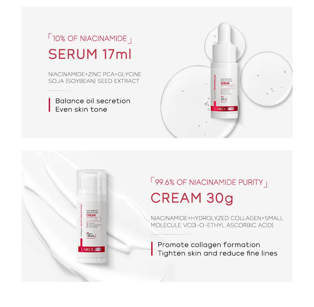 LAIKOU PRO Niacinamide Radiant Skin Care Set -Low PH Cleanser , Moisturizing Toner , Deep Nourishing Serum - Rejuvenate Cream