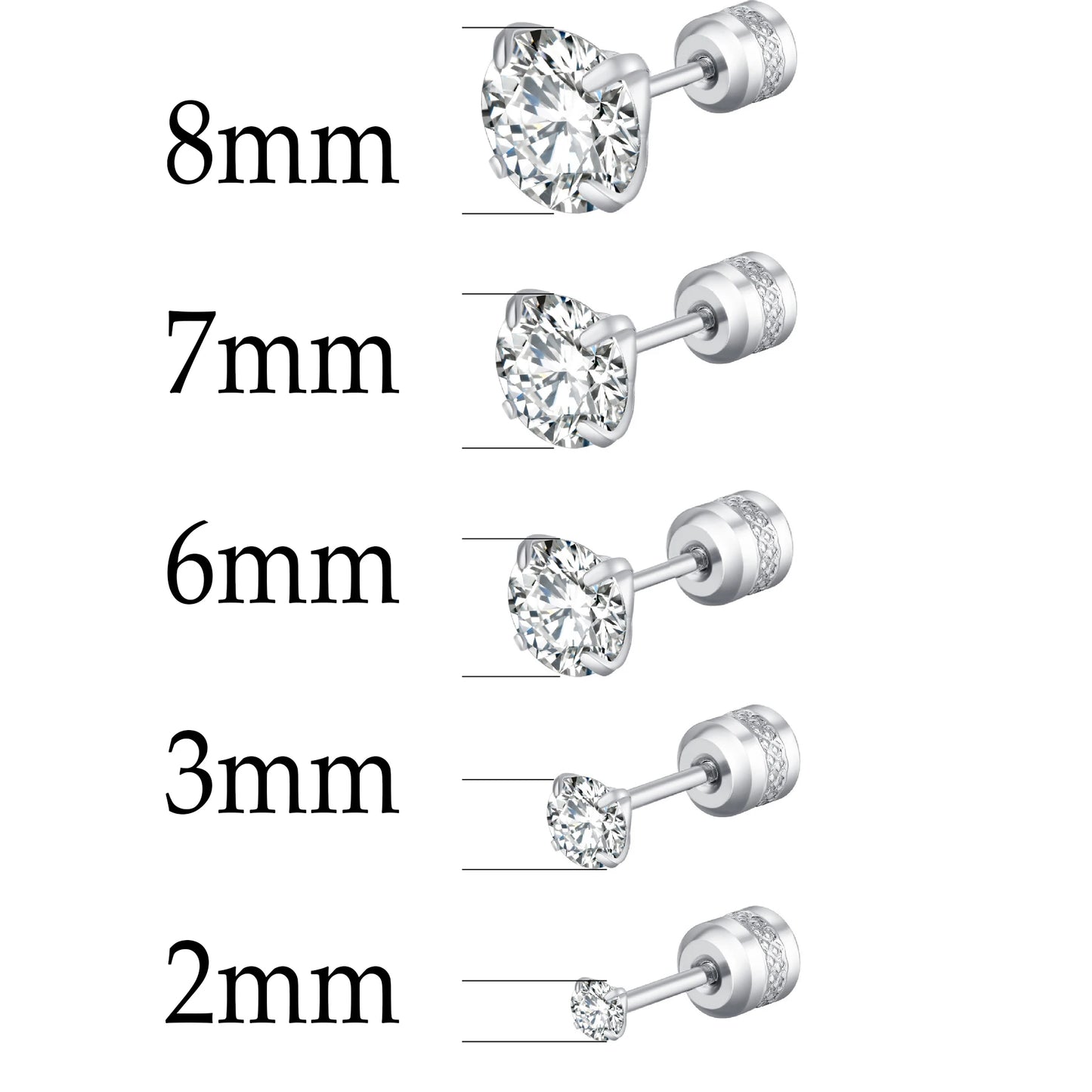 XUBCHC Stainless Steel Round Cubic Zirconia Ear Piercing For Women Men CZ Shiny Silver Color Stud Earrings Black Body Jewelry