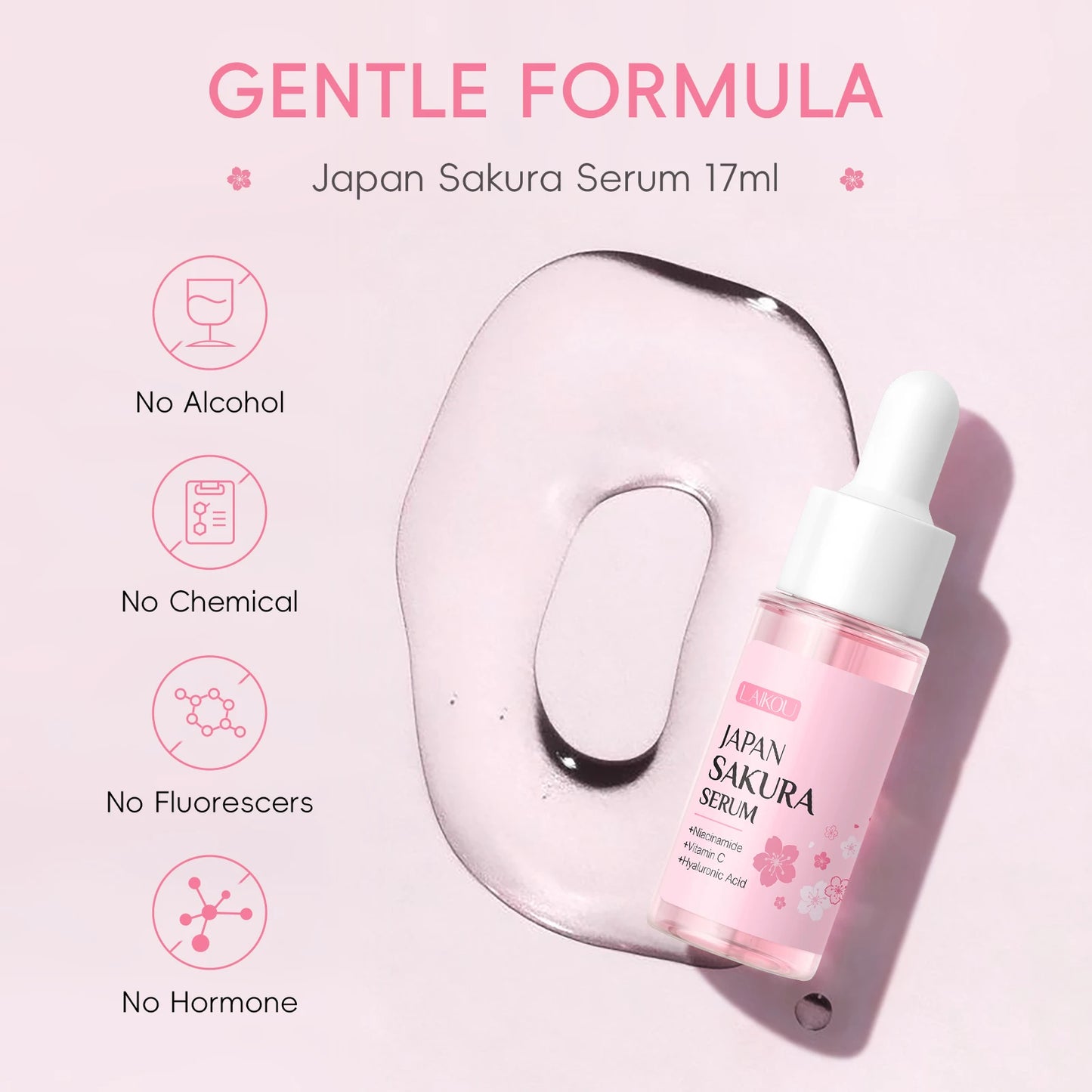 LAIKOU Japan Sakura Serum 17ml Tighten Pores Moisturizing Balance Skin Tone Brightening Facial Essence