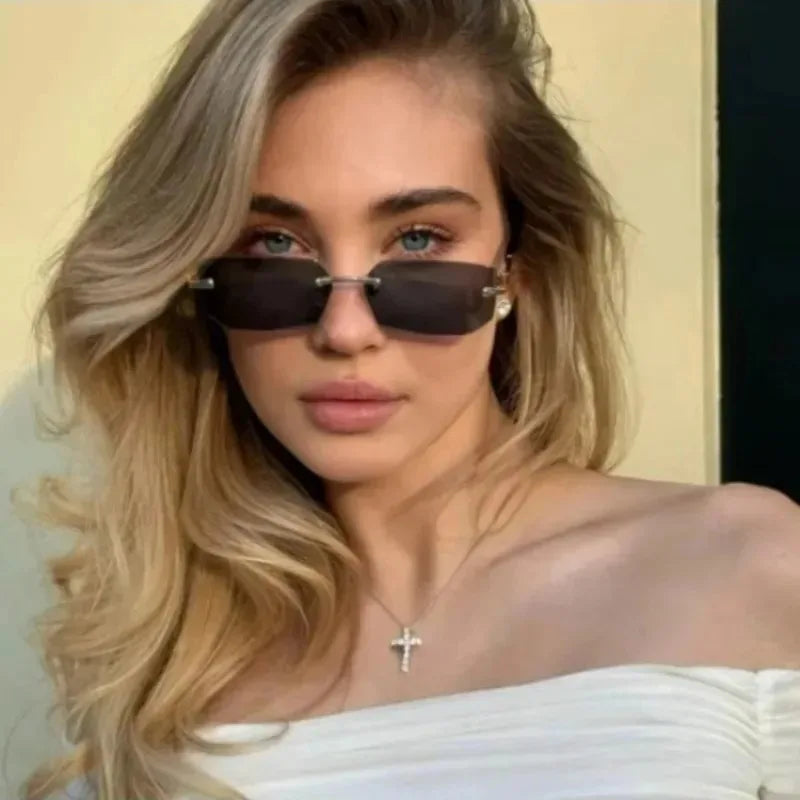Rimless Rectangle Sunglasses, UV400 Protection  Frameless Sun Glasses, Retro Eyewear for Women & Men