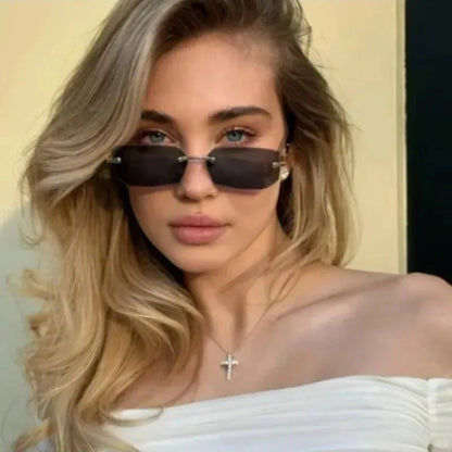 Rimless Rectangle Sunglasses, UV400 Protection  Frameless Sun Glasses, Retro Eyewear for Women & Men