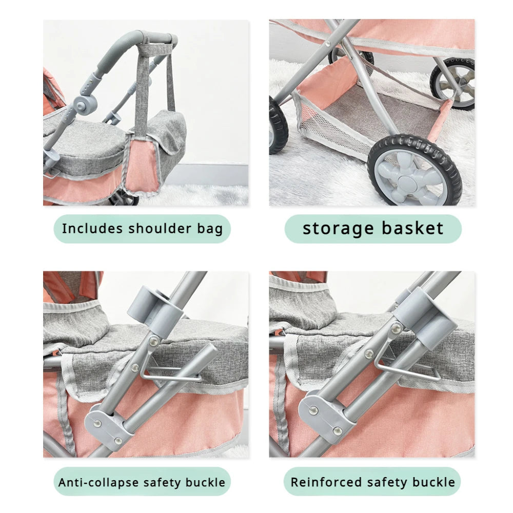 Foldable Baby Doll Stroller Large Toy Pram with Shoulder Bag Retractable Canopy Adjustable Soft Handle Kids Girls Pretend Play