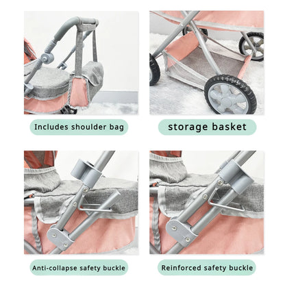Foldable Baby Doll Stroller Large Toy Pram with Shoulder Bag Retractable Canopy Adjustable Soft Handle Kids Girls Pretend Play