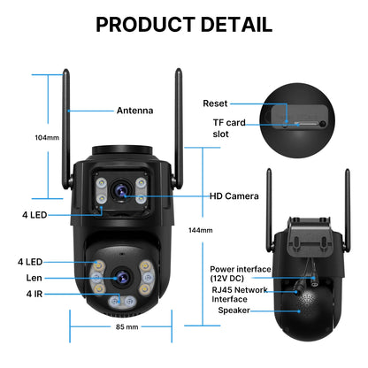 4K 8MP HD Wifi PTZ Camera Outdoor 4MP Dual Lens Dual Screen AI Auto Tracking IP Camera CCTV Audio Video Surveillance P2P iCSee