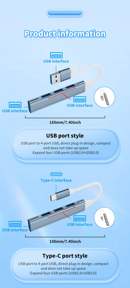 4 In 1 USB C Hub 3.0 Multiport OTG Adapter Type C Splitter For Laptop Phone