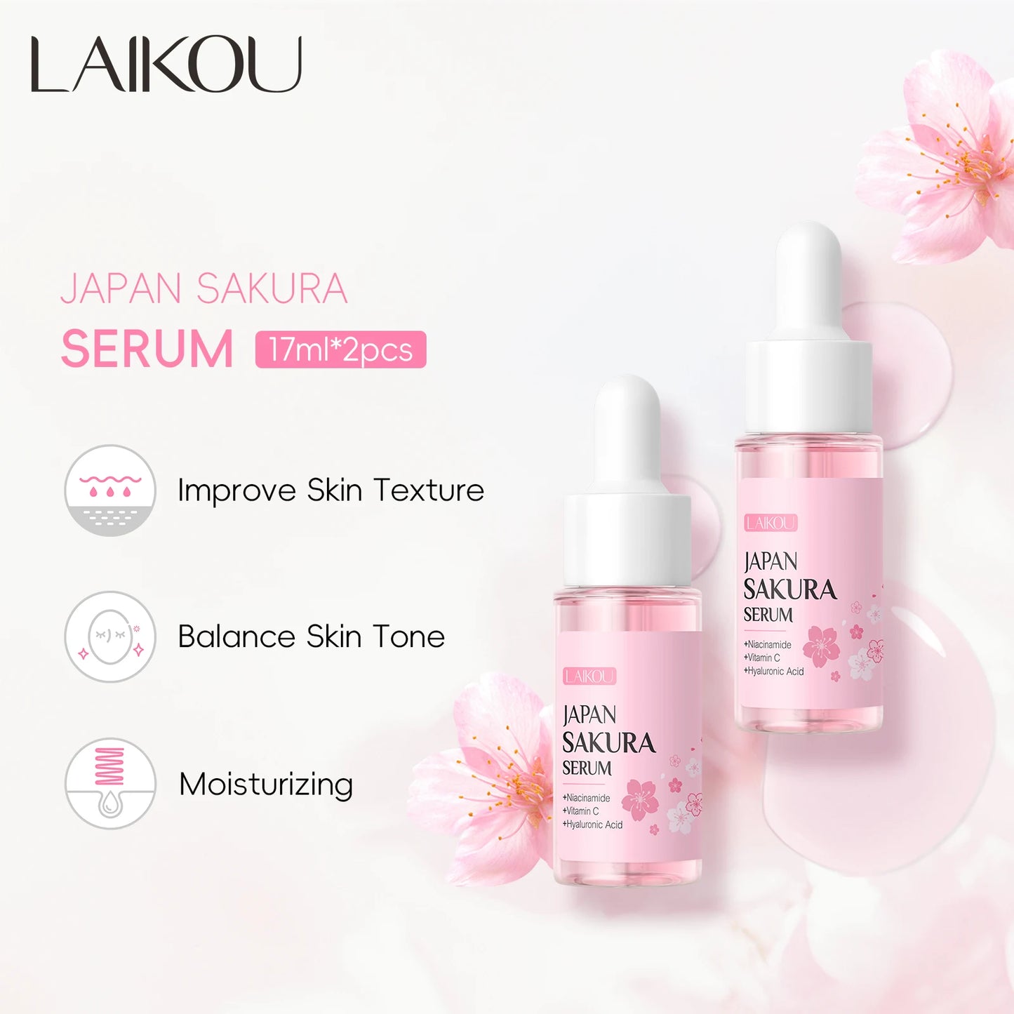 LAIKOU Japan Sakura Serum 17ml Tighten Pores Moisturizing Balance Skin Tone Brightening Facial Essence