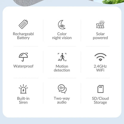 1080P WiFi Camera Solar Battery Outdoor Wireless Solar Powered Security Camera AI Motion Detection Two Way Audio Night Vision