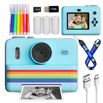 Kids Instant Camera with 32GB Memory Card & Color Pencil, Dual Cameras, Flashlight, the Perfect Gift for Boys and Girls.