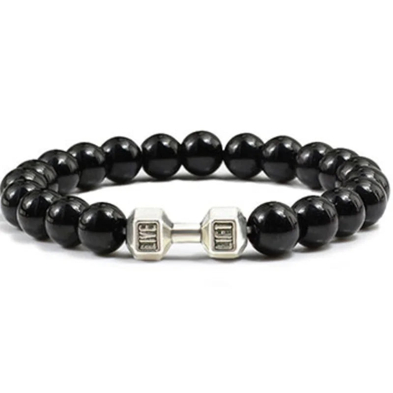 Natural Black Volcanic Lava Stone Dumbbell Bracelet Black Matte Beads Bracelets For Women Men Fitness Barbell Jewelry Pulseras