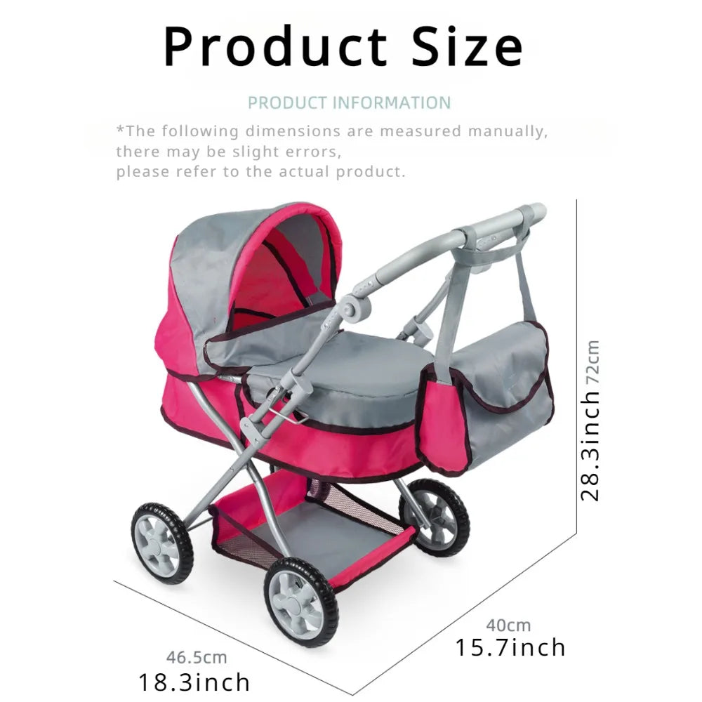 Foldable Baby Doll Stroller Large Toy Pram with Shoulder Bag Retractable Canopy Adjustable Soft Handle Kids Girls Pretend Play