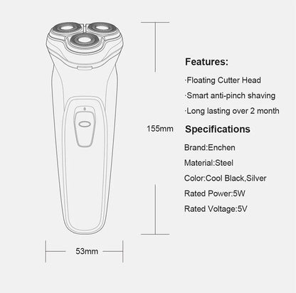 ENCHEN Blackstone Electrical Rotary Shaver for Men 3D Floating Blade Washable Type-C USB Rechargeable Shaving Beard Machine