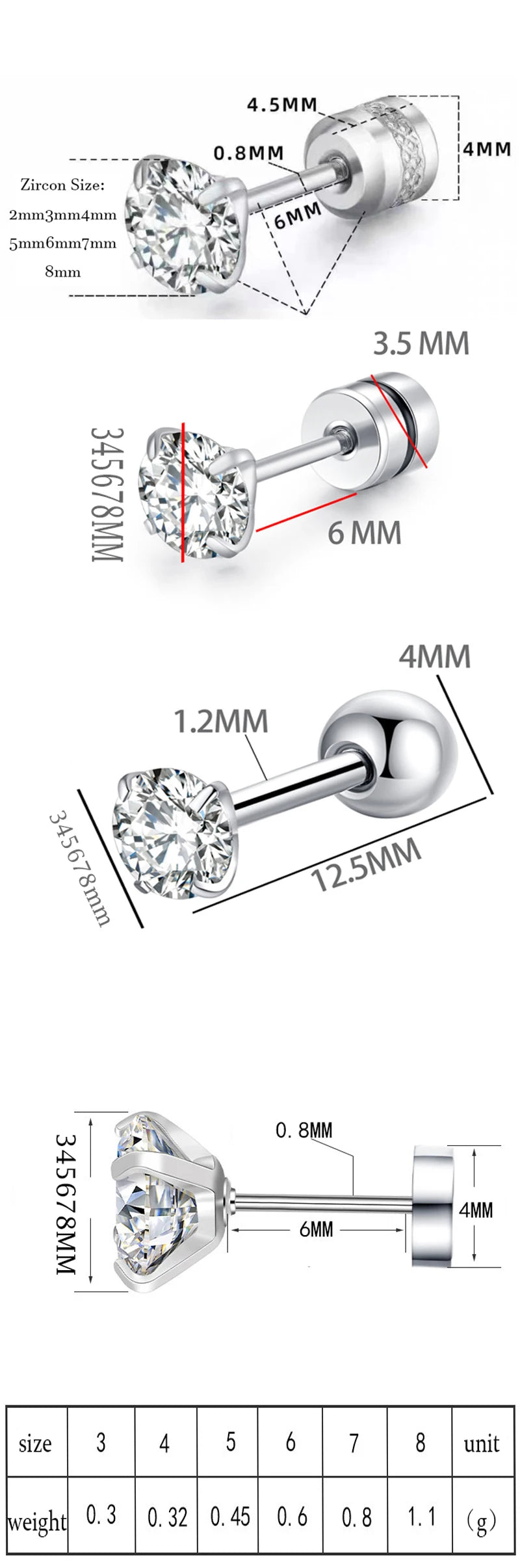 XUBCHC Stainless Steel Round Cubic Zirconia Ear Piercing For Women Men CZ Shiny Silver Color Stud Earrings Black Body Jewelry
