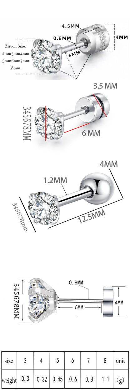 XUBCHC Stainless Steel Round Cubic Zirconia Ear Piercing For Women Men CZ Shiny Silver Color Stud Earrings Black Body Jewelry