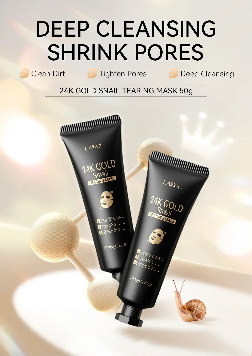 LAIKOU 24K Gold Snail Tear Off Mask, Deep Cleansing Pore Minimizing, Oil Control Blackhead Removal, Tightening Mask 50g