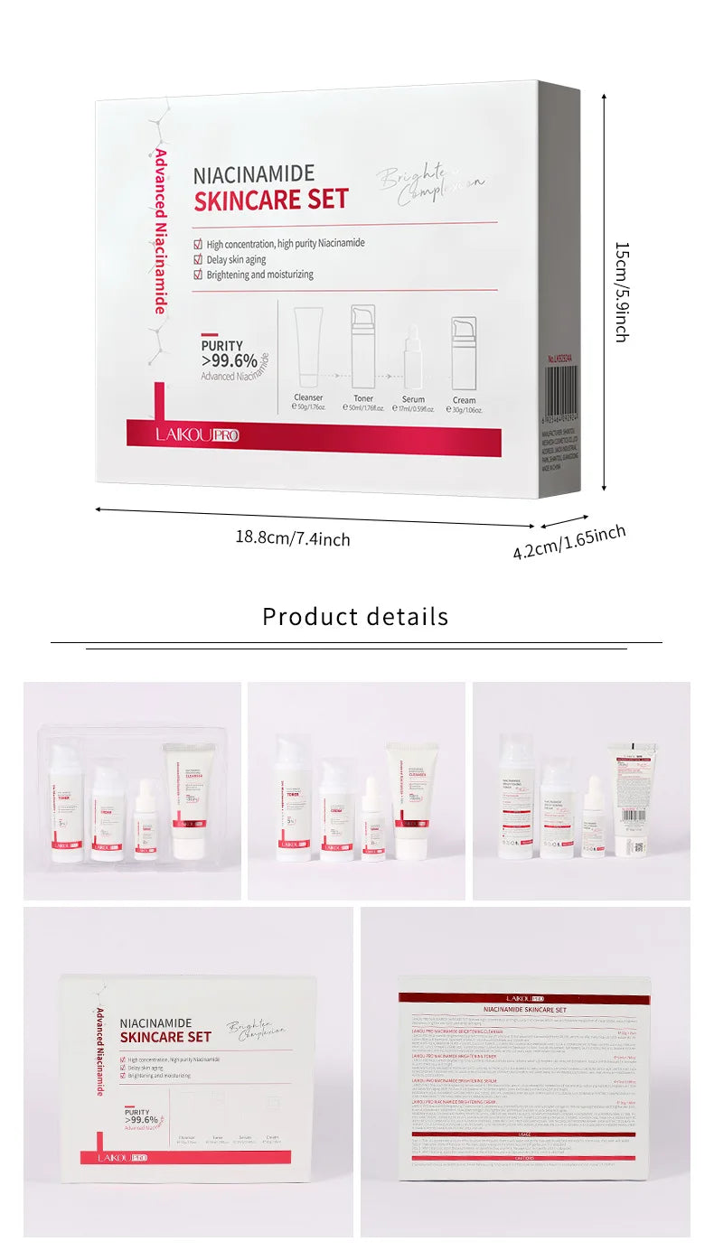 LAIKOU PRO Niacinamide Radiant Skin Care Set -Low PH Cleanser , Moisturizing Toner , Deep Nourishing Serum - Rejuvenate Cream