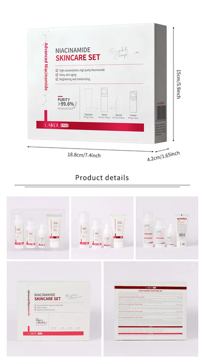 LAIKOU PRO Niacinamide Radiant Skin Care Set -Low PH Cleanser , Moisturizing Toner , Deep Nourishing Serum - Rejuvenate Cream
