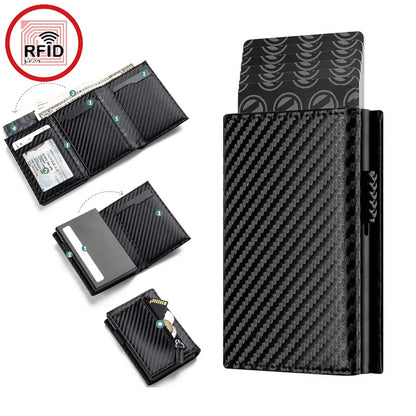 RFID Blocking Automatic Pop-Up Card Holder with Coin Compartments, Carbon Fiber & Aluminum Men's Bifold Wallet, Slim Money Purse