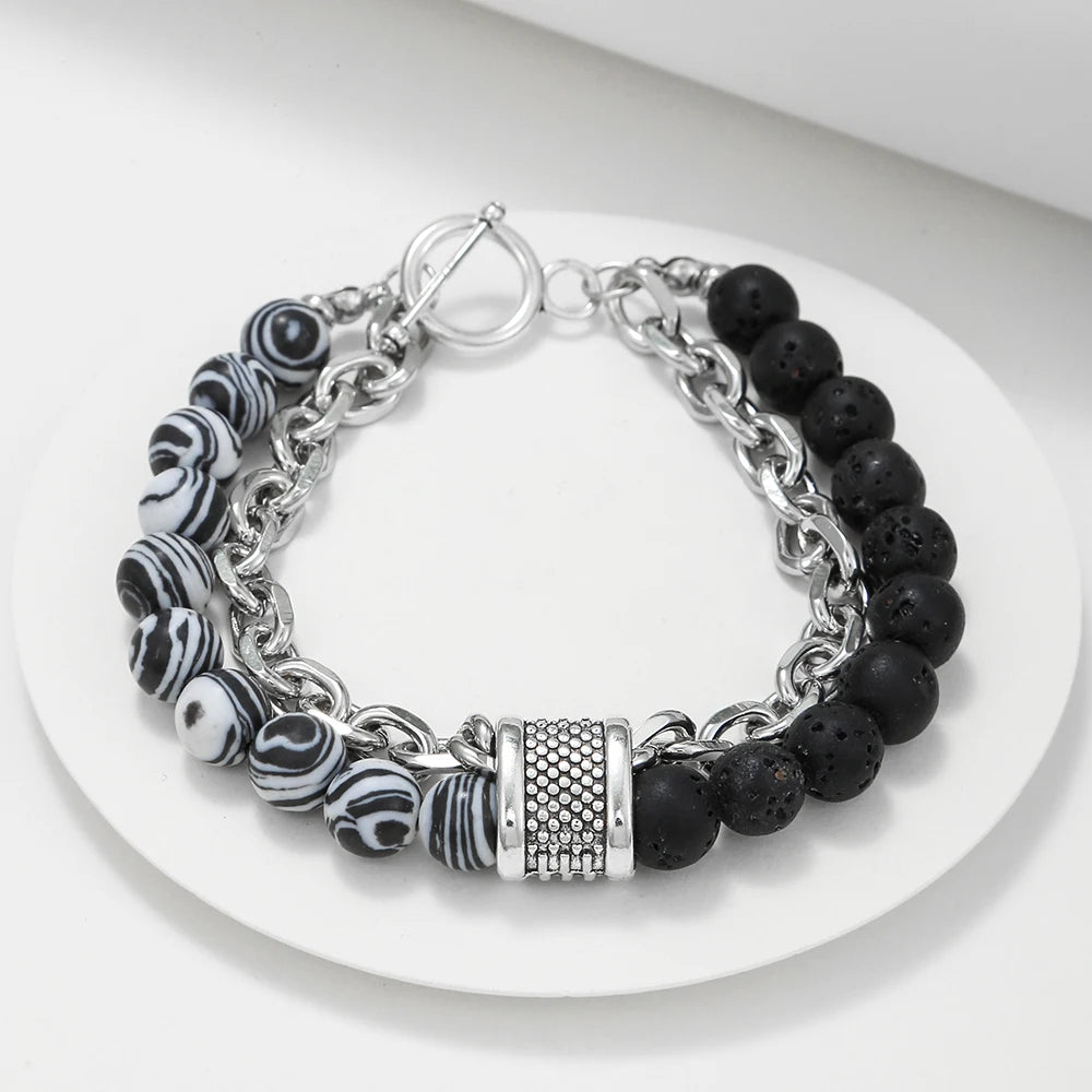 1 PCs Fashion Punk Frosted Stone Chain Geometric Double Layer Wear High Sense Trend All-Match Beaded Bracelet