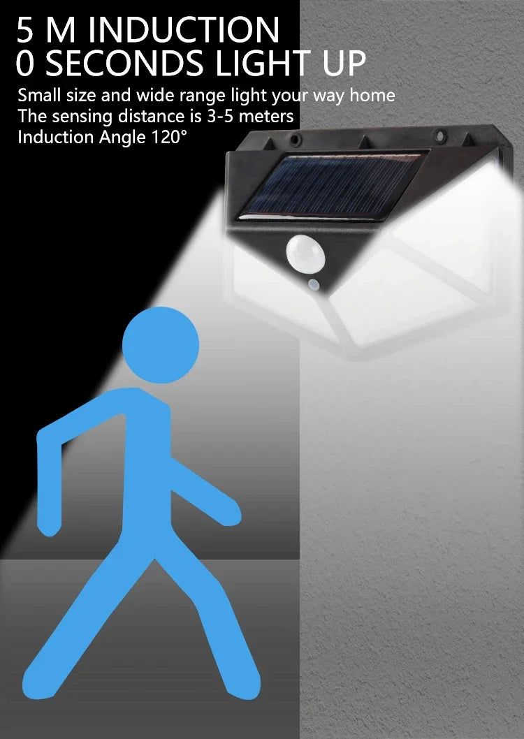100 LED Solar Wall Lamp Waterproof Motion Sensor Outdoor Garden Lights