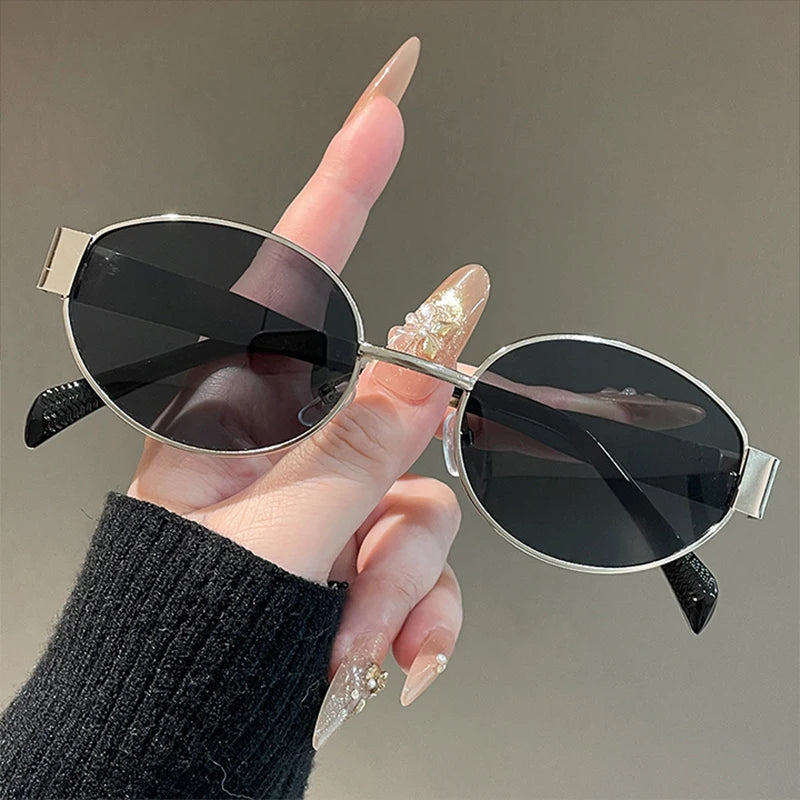 Oval-Shaped Women'S/Men's Sunglasses, Fashionable Metal Frame Sunglasses, Classic Style, Uv Protection Feature, Casual Street Style