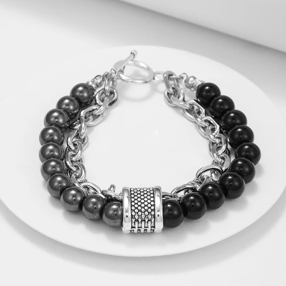 1 PCs Fashion Punk Frosted Stone Chain Geometric Double Layer Wear High Sense Trend All-Match Beaded Bracelet