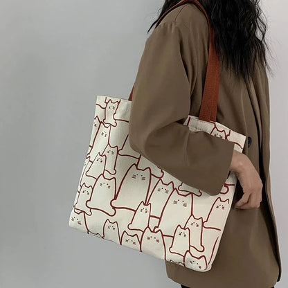 Cute Cat Canvas Tote Bag for Women