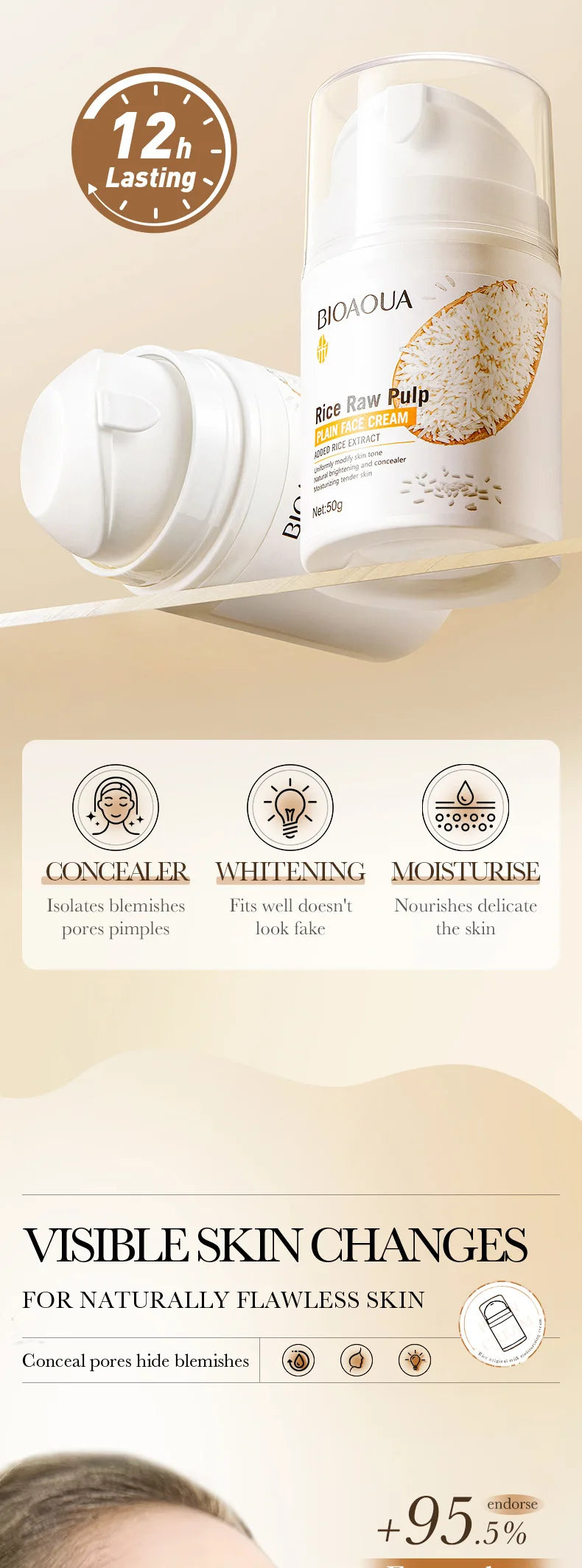 BIOAOUA Rice Raw Pure Non-Facial Cream Brightening and Rejuvenating Facial Brightening Cream