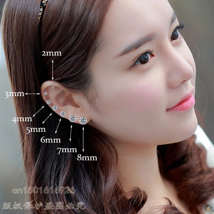 XUBCHC Stainless Steel Round Cubic Zirconia Ear Piercing For Women Men CZ Shiny Silver Color Stud Earrings Black Body Jewelry