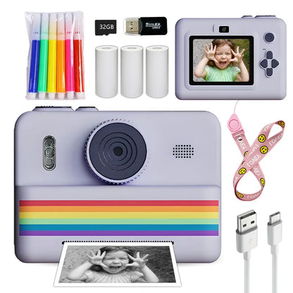 Kids Instant Camera with 32GB Memory Card & Color Pencil, Dual Cameras, Flashlight, the Perfect Gift for Boys and Girls.