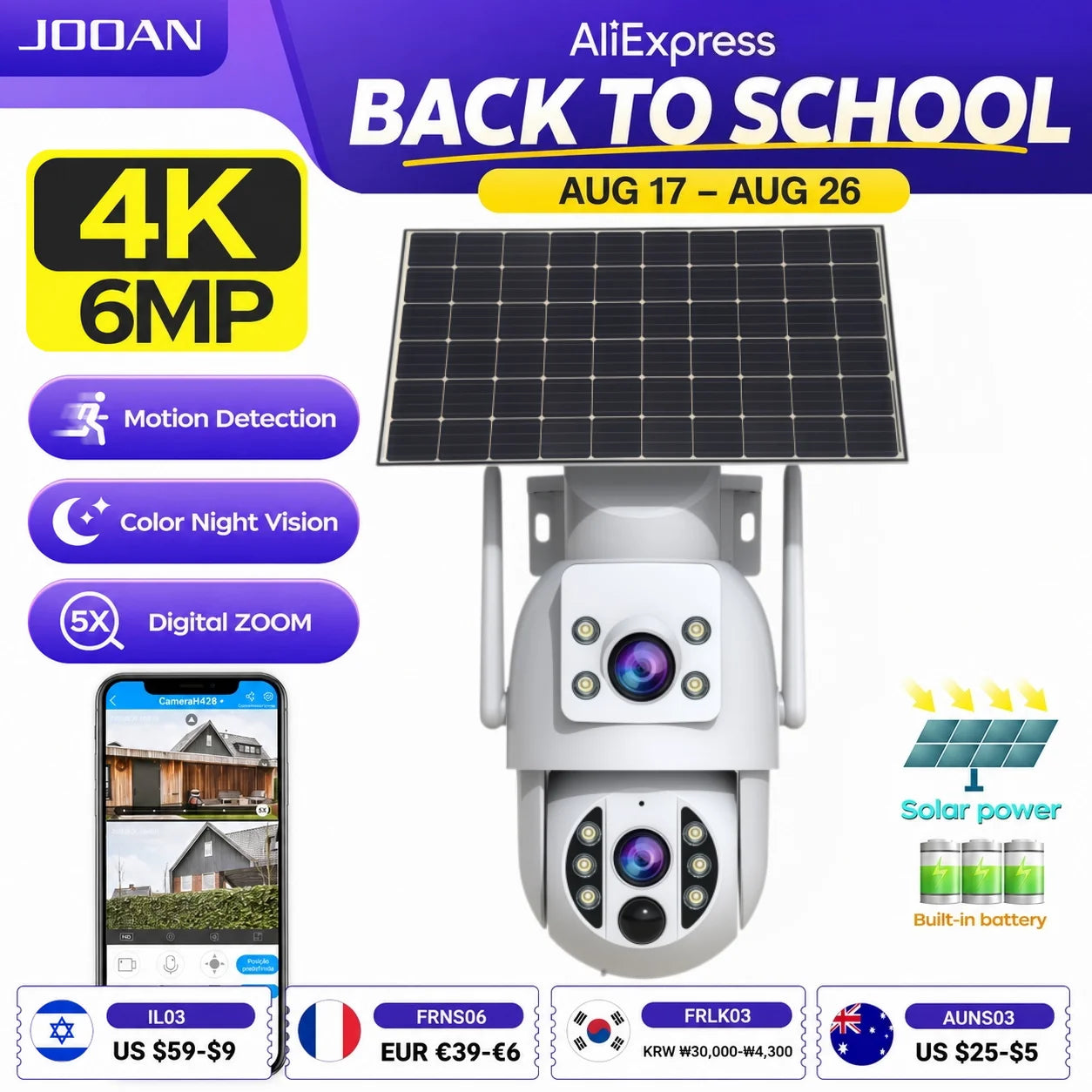 JOOAN 4K Solar Security Camera Wireless Outdoor Dual Lens Solar IP Camera PIR Human Detection Night Vision Battery CCTV Camera