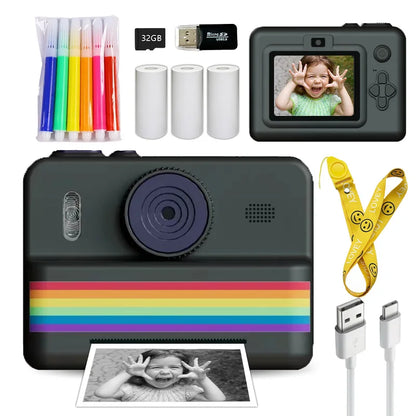 Kids Instant Camera with 32GB Memory Card & Color Pencil, Dual Cameras, Flashlight, the Perfect Gift for Boys and Girls.