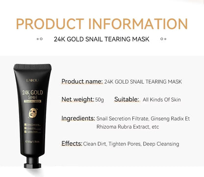 LAIKOU 24K Gold Snail Tear Off Mask, Deep Cleansing Pore Minimizing, Oil Control Blackhead Removal, Tightening Mask 50g