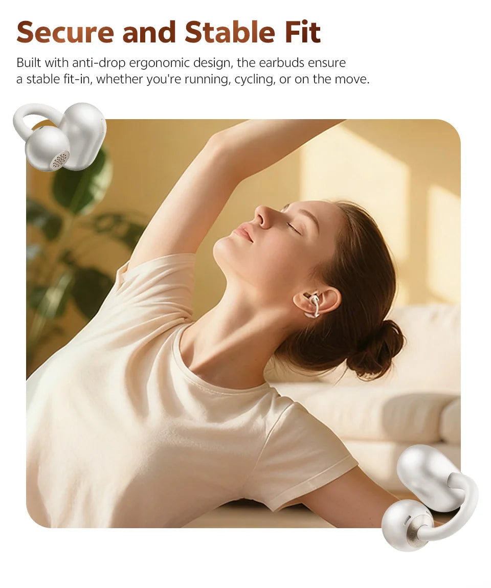 QCY Crossky C50 Open Ear Wireless Earbuds Bluetooth 6.0 Comfort Clip On Sports Earphone 4 Mic AI Clear Call Bass Boost Headphone
