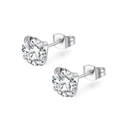 XUBCHC Stainless Steel Round Cubic Zirconia Ear Piercing For Women Men CZ Shiny Silver Color Stud Earrings Black Body Jewelry