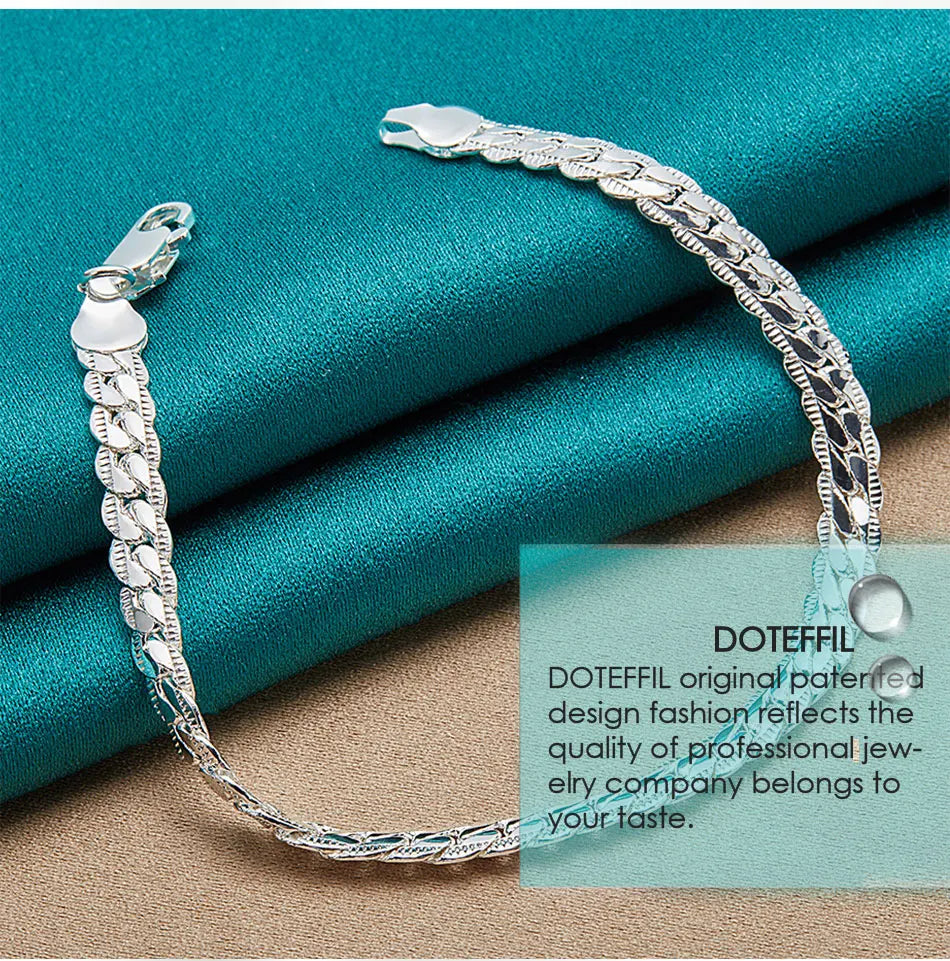 DOTEFFIL 925 Silver Bracelet 6mm 18/19/20cm Flat Side Chain Lobster Clasp For Woman Man Wedding Engagement Jewelry