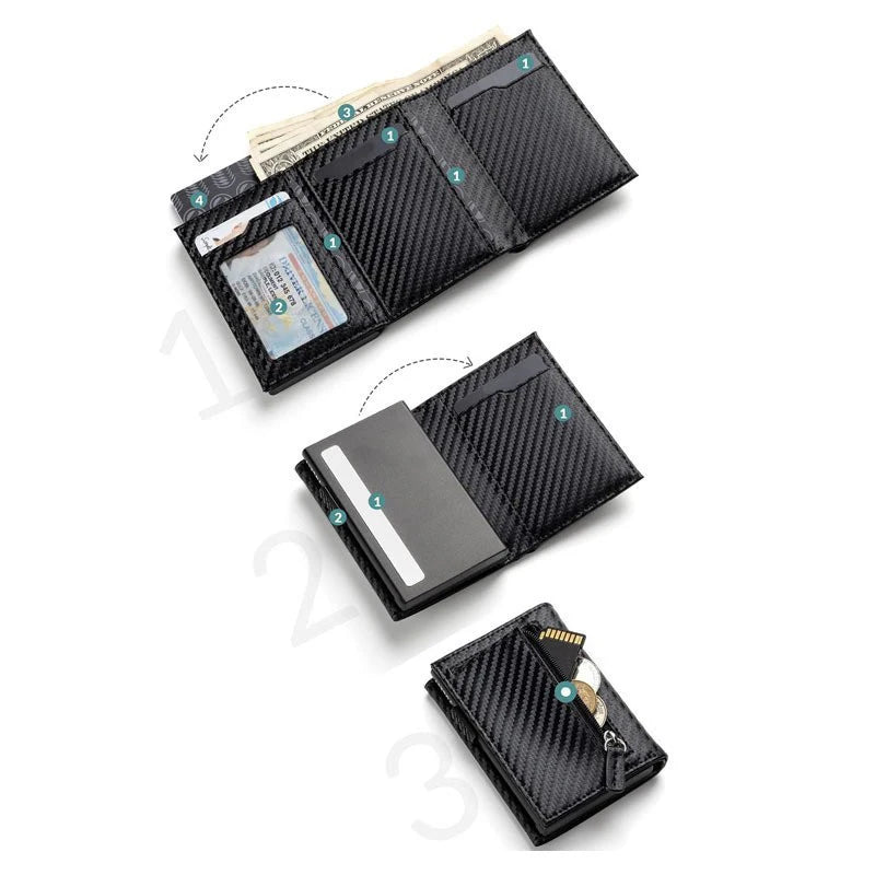 RFID Blocking Automatic Pop-Up Card Holder with Coin Compartments, Carbon Fiber & Aluminum Men's Bifold Wallet, Slim Money Purse