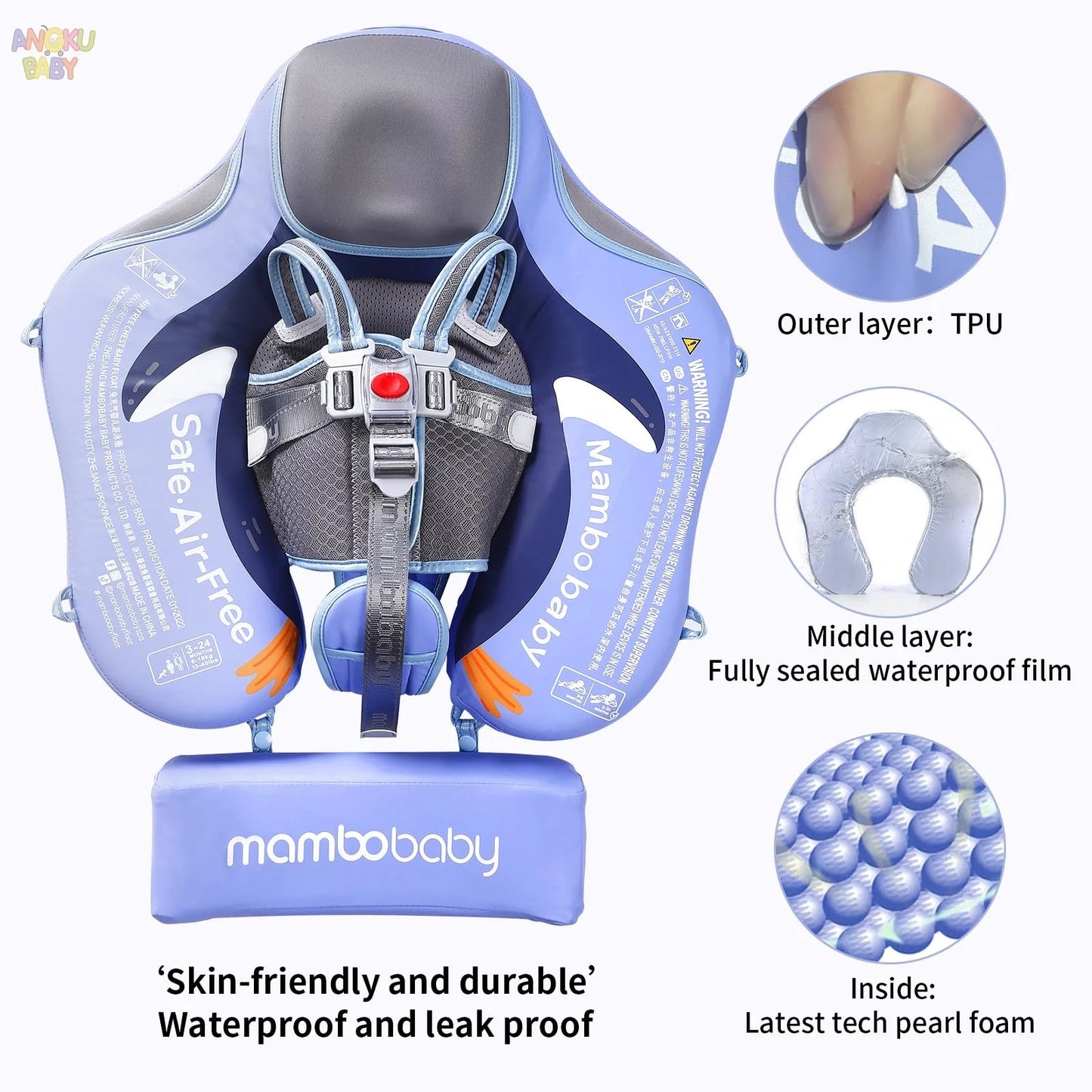 Non-inflatable Baby Floats with Tailboard for 3-24 Months Adjustable Pool Floats for Children Soft Infant Float Pool with Canopy