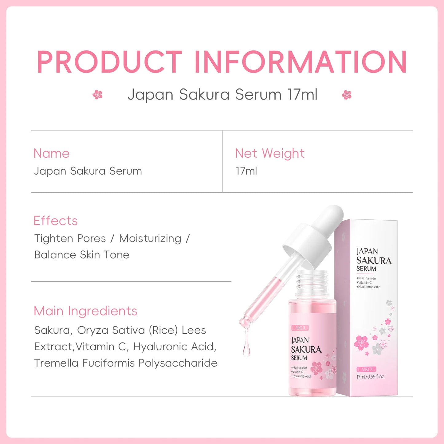 LAIKOU Japan Sakura Serum 17ml Tighten Pores Moisturizing Balance Skin Tone Brightening Facial Essence