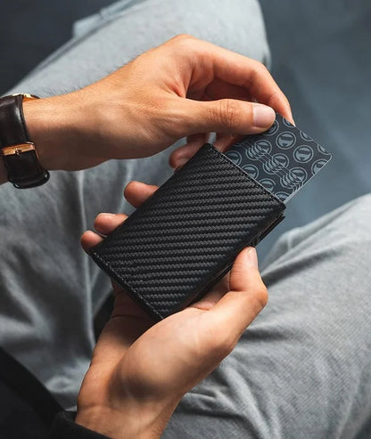 RFID Blocking Automatic Pop-Up Card Holder with Coin Compartments, Carbon Fiber & Aluminum Men's Bifold Wallet, Slim Money Purse
