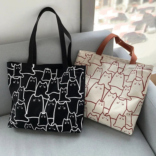 Cute Cat Canvas Tote Bag for Women